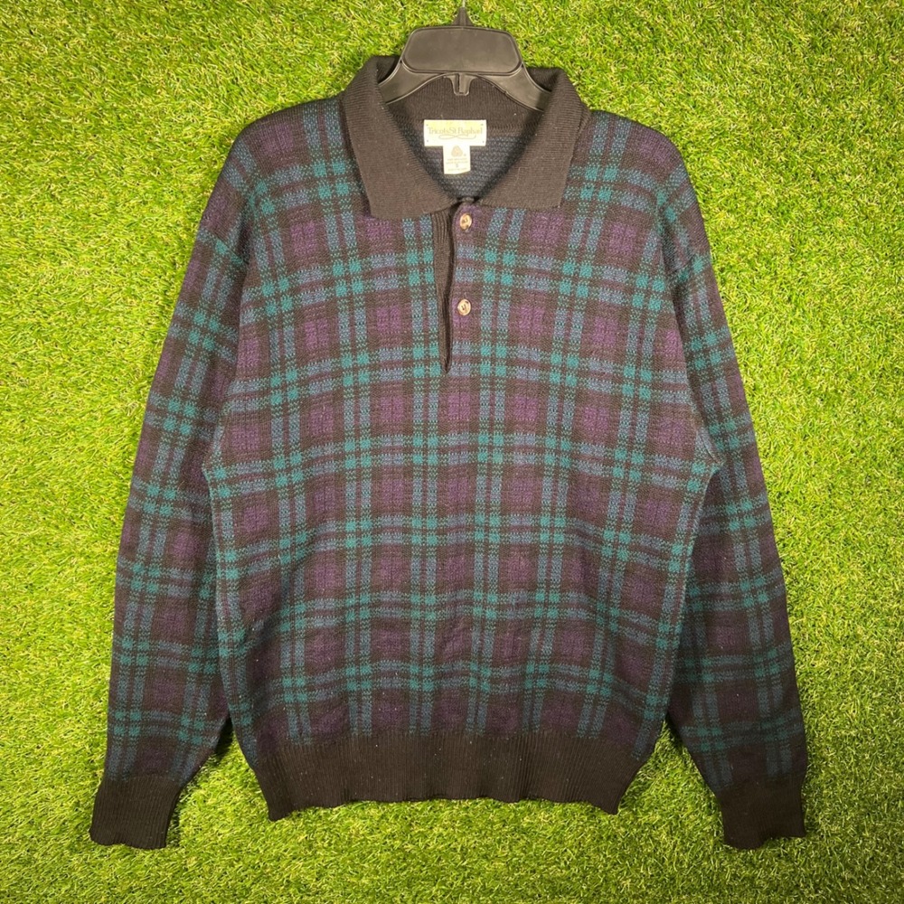 Tricots St Raphael Mens Small Wool Plaid Polo Sweater Purple Teal Vintage 90s‎